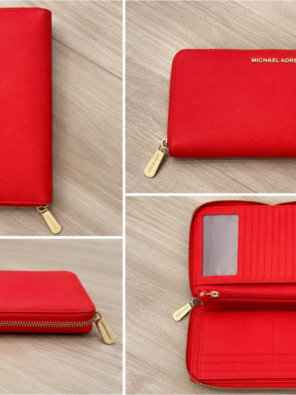Michael Kors Bright Red Zip Around Saffiano Wallet with Gold Hardware